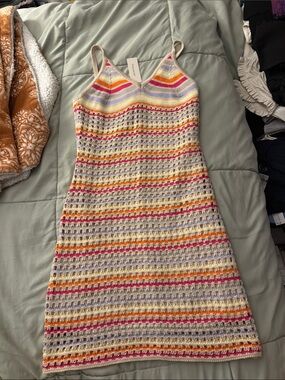 Striped Crochet Knit Spaghetti Strap Dress - right above the knee-Multicolor